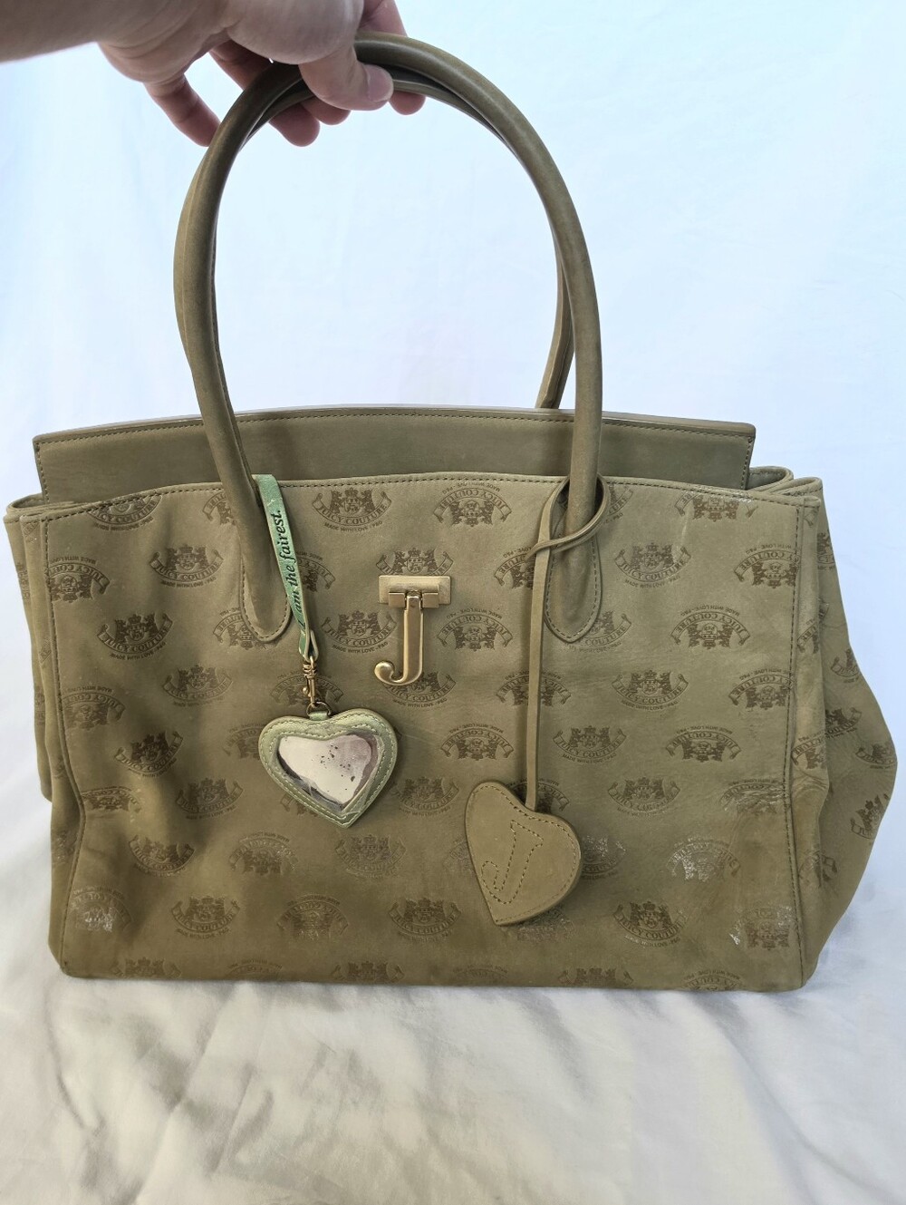RARE JUICY COUTURE "Birkin-Style" Olive Suede Purse with Heart Mirror